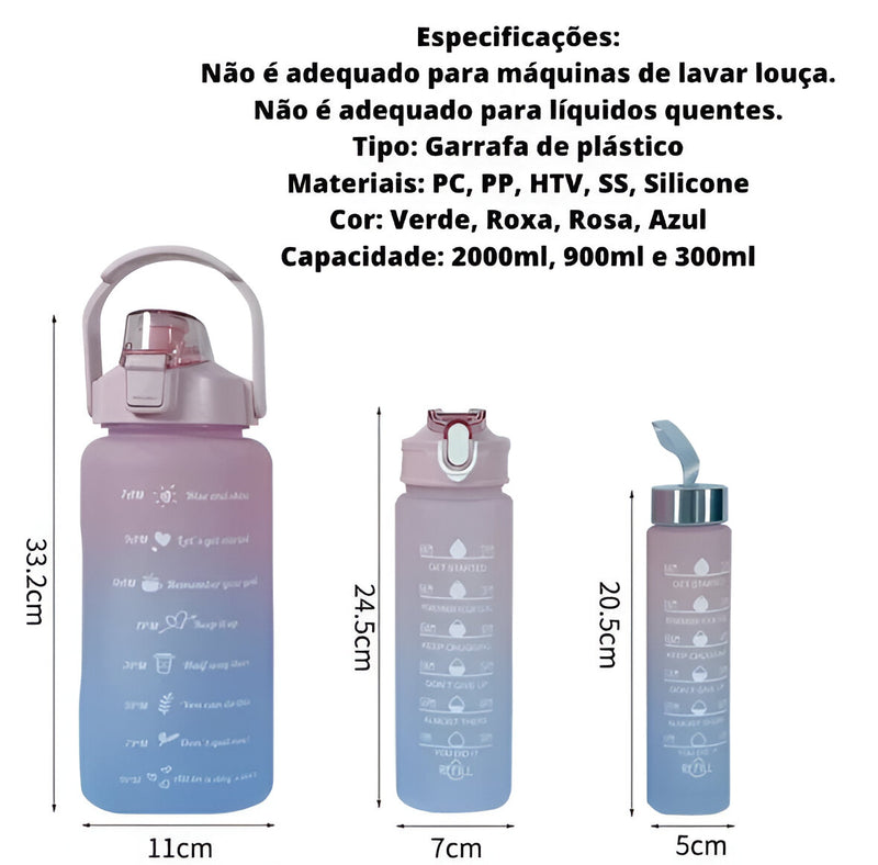 Kit de Garrafa de Água Motivacional com Adesivos 300ML + 900ML + 2000ML