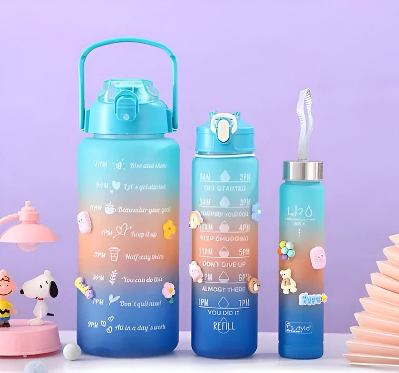 Kit de Garrafa de Água Motivacional com Adesivos 300ML + 900ML + 2000ML