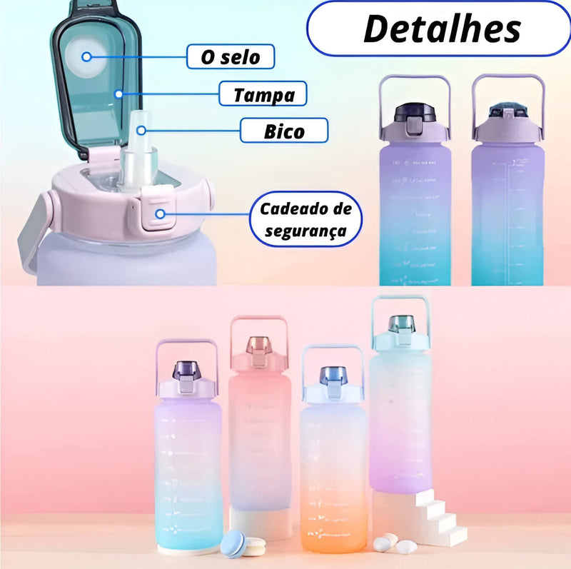 Kit de Garrafa de Água Motivacional com Adesivos 300ML + 900ML + 2000ML
